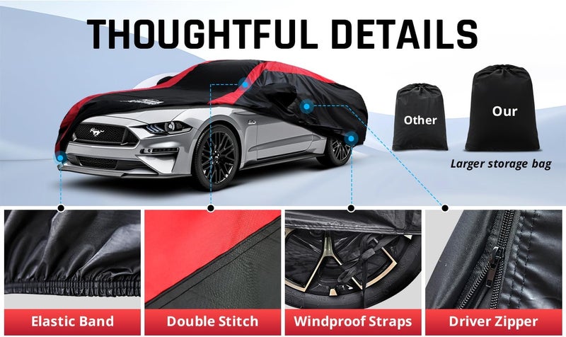 AltoCover Mustang Car Cover Waterproof All Weather with Red Strip Design, Custom Fit for Ford Mustang 1994–2025, Mustang Accessory with Door Zipper & Windproof Straps - Image 5